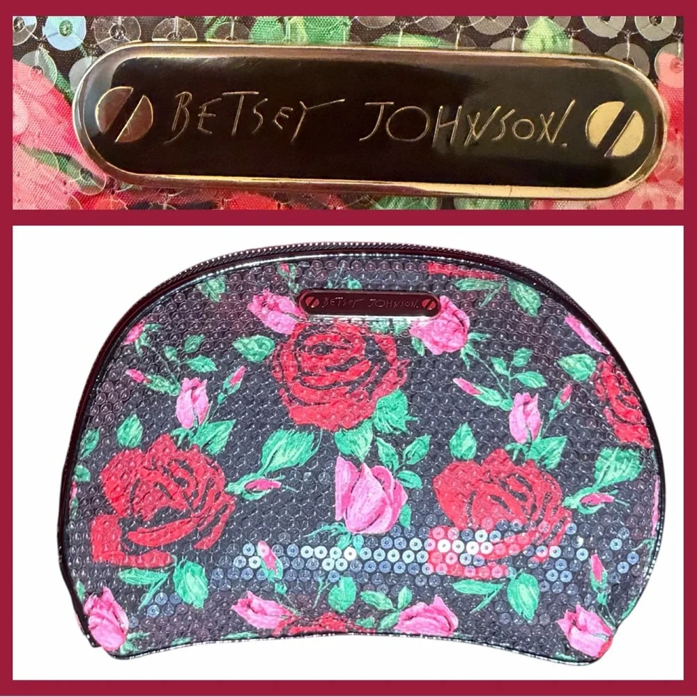 Sequined Betsey Johnson Floral Cosmetic Case BIG Makeup Bag Pouch Clutch leopard